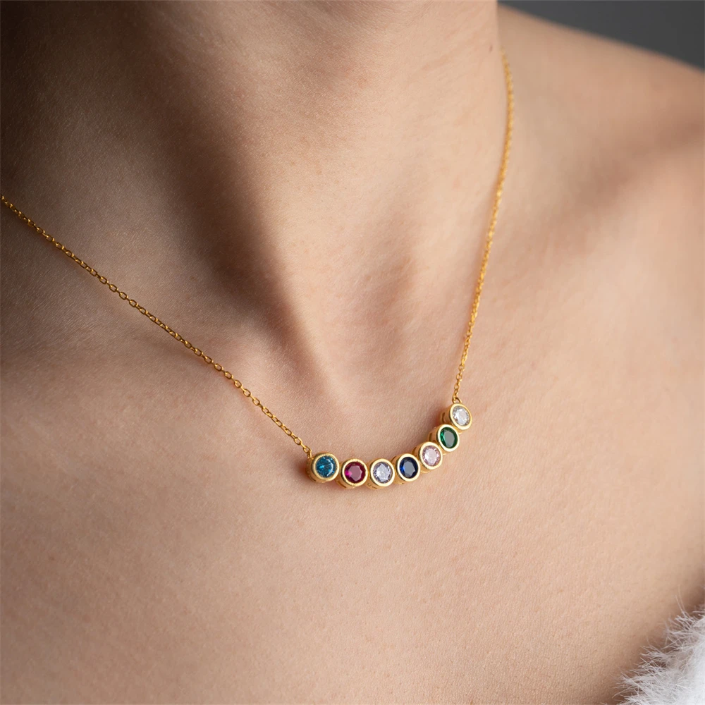 

Multiple Birthstones Necklace Custom Stainless Steel Family Jewelry Personalized Precious Stone Pendant Gold Color Chain Choker