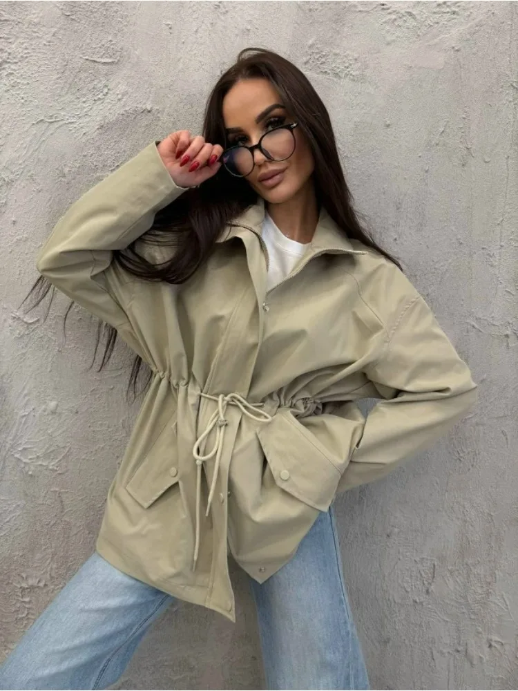 

Tsiisd Casual Stand Collar Lace-Up Trench Jacket Drawstring Waist Fashion Female Solid Commute Long Sleeves Women's Trench Coat