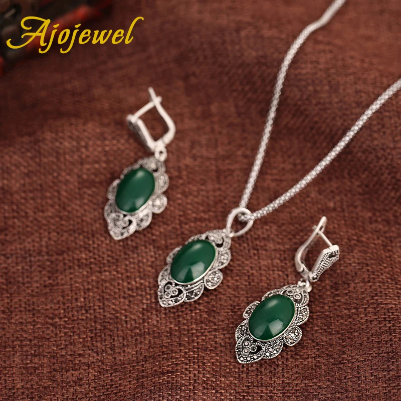 Ajojewel Vintage Dark Green Jewelry Set With Stones Antique Silver-color Black CZ Earrings And Necklace Elegant Womens Gifts