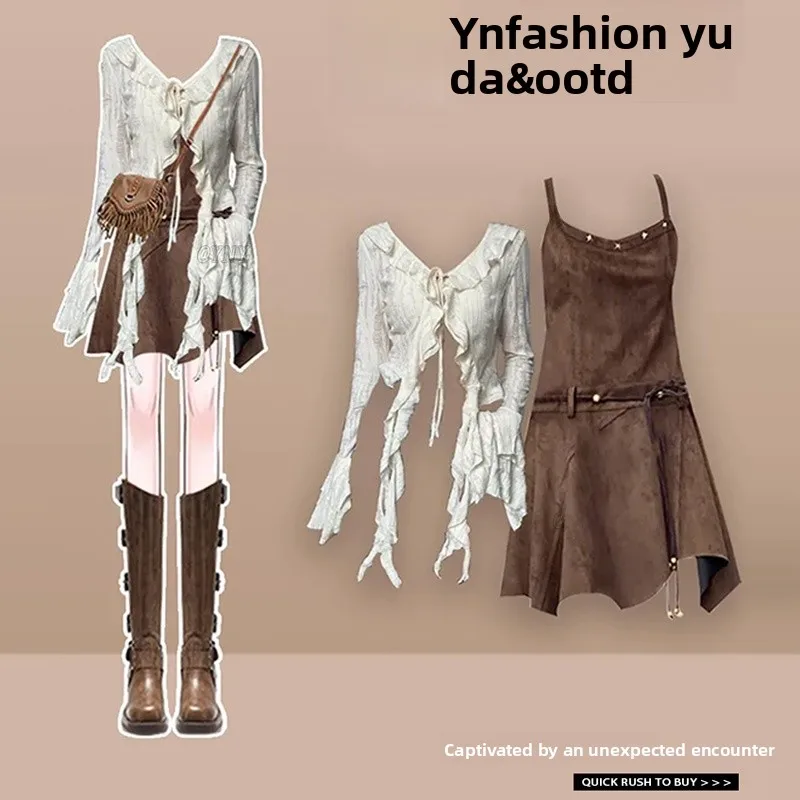 

Korean Sle Chic Early Autumn Faion Set Pure Desire Hot Girl U-Ne Dr Waist-Cinching Long Sve V-Ne Two-Piece Suit