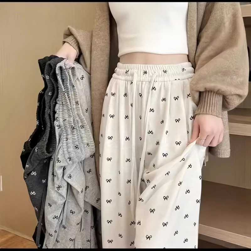 Kawaii Korean Women Bow Pattern Wide Leg Trousers Elastic Waist Loose Casual Pants Soft Stretch Daily Commute