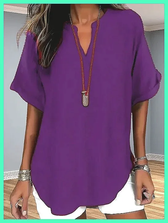 

Women's Summer V-Neck Blouse Solid Color Short Sleeve Casual Top Notch Neck T-Shirt