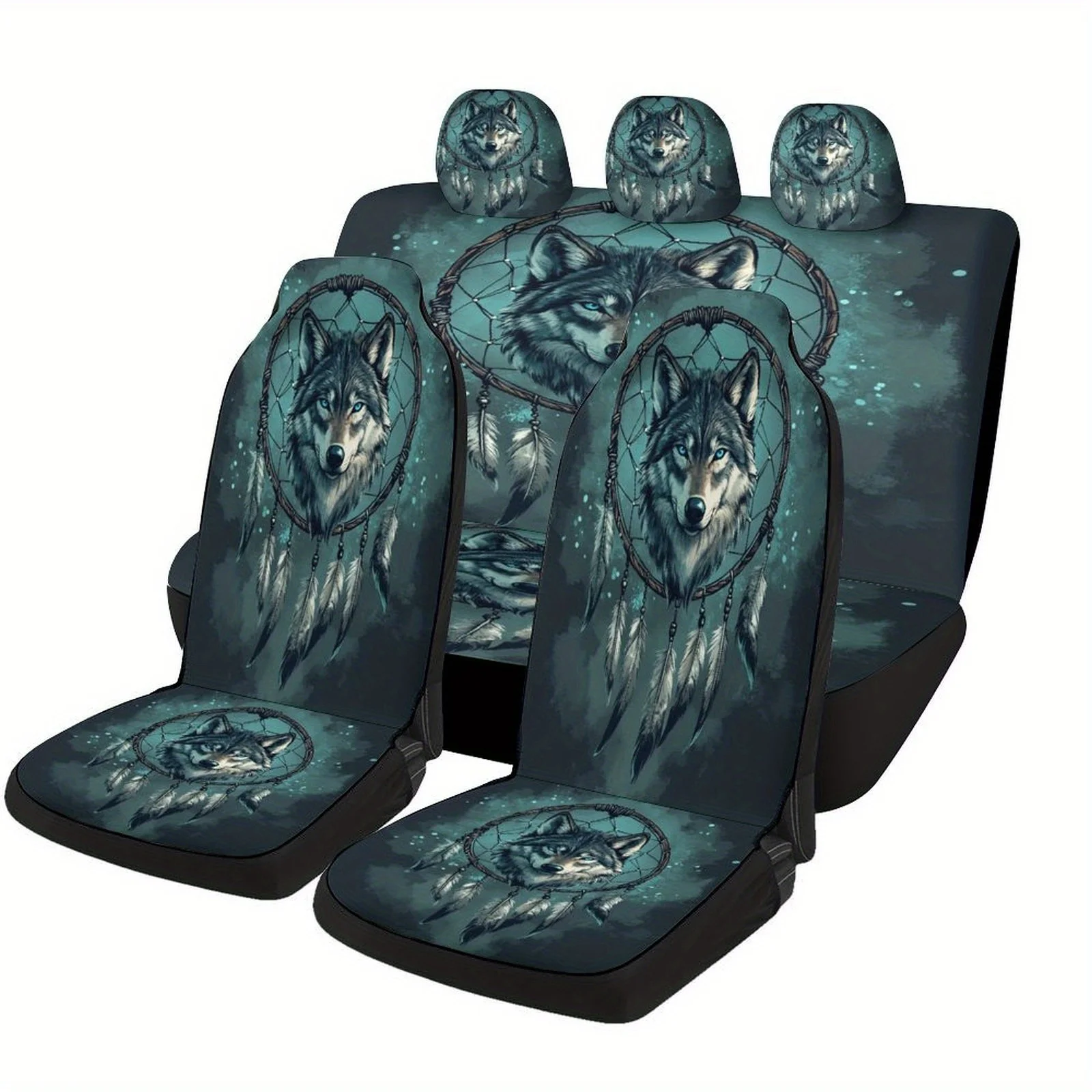 Wolf Dreamcatcher Themed Car Seat Cover Set For Most Cars, Fashion Personalized Novelty Car Seat Protector Covers Full Set, Univ