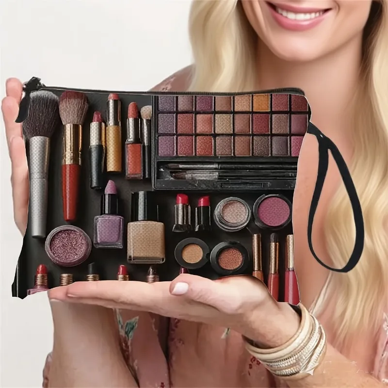 Fashionable Makeup Tool Pattern Storage Bag, Beauty Expert Cosmetic Pouch, Multifunctional Toiletry Bag with Wrist Strap
