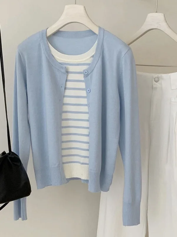 

Модный полосатый вязаный кардиган с длинными рукавами и круглым вырезом для женщин, пуловер с цветовыми блоками, осенне-зимняя новинка