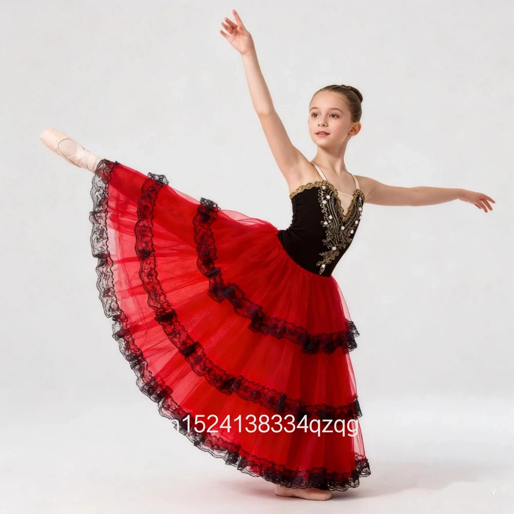 

Black Red Ballet Tutu Dress For Youth Kids Spanish Clothing Adult Women Soft Tulle Long Dress Performance Ballerina Costumes