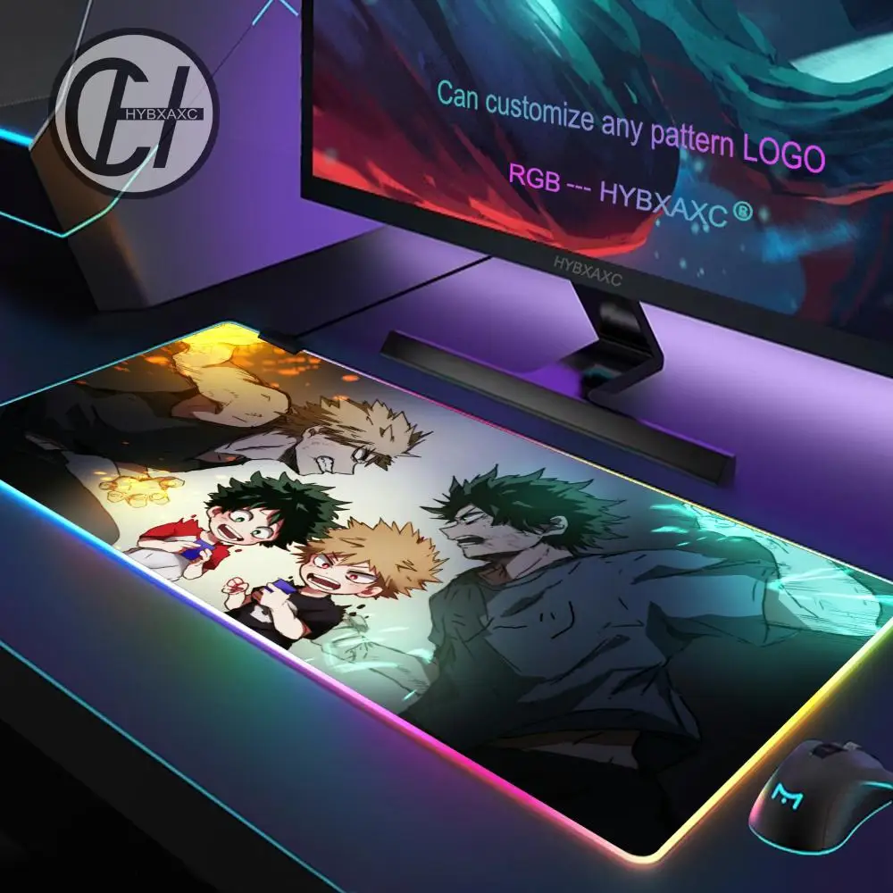 Academia Deku Anime My Hero RGB Mouse Pad LED Large Gamer Mousepads Computer Keyboard Mat Luminous Desk Mat Backlit