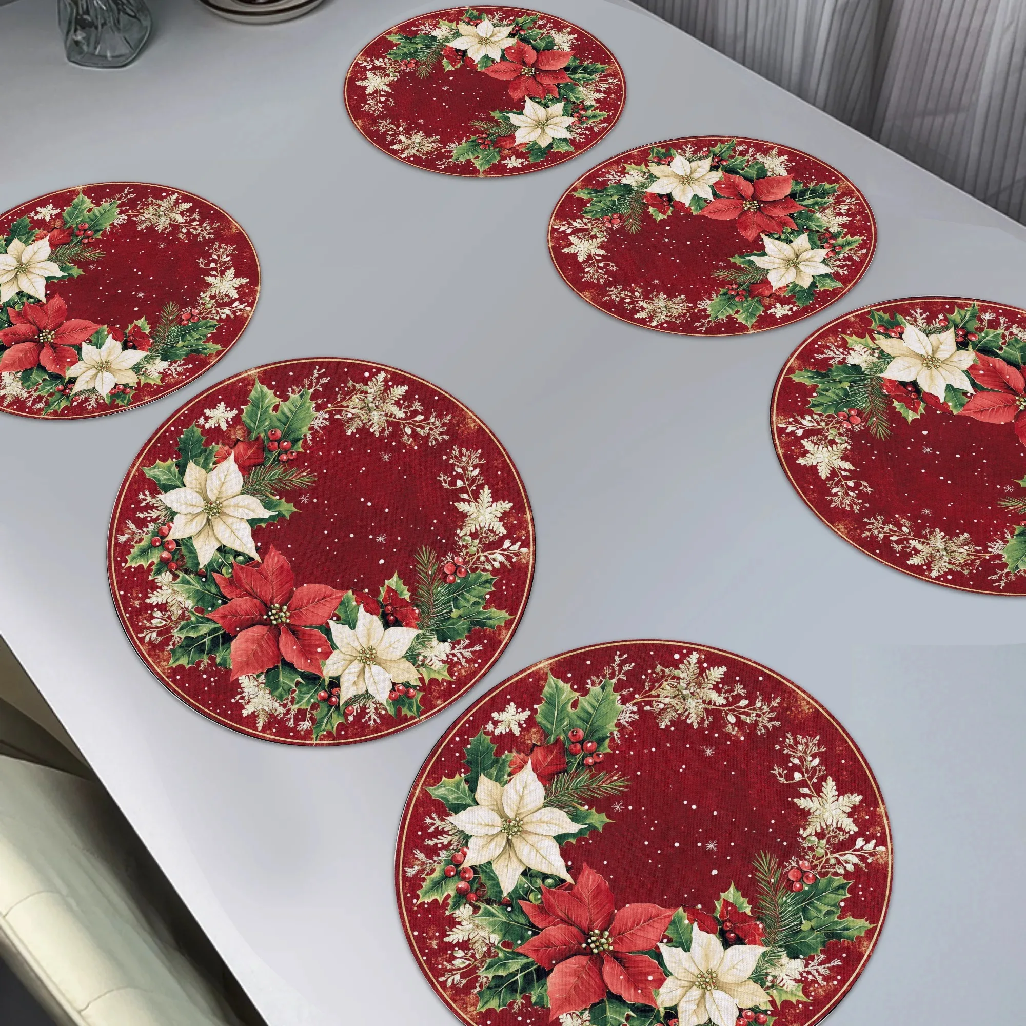 VIKAMA 4/6/8/10PCS Christmas Snowflake Table Mat Round Wreath Machine Washable Kitchen Dining Table Mat Holiday Decoration