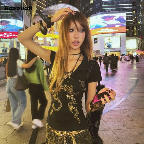 Imagen 1 del producto Karrcat-Camiseta con estampado de tatuaje de estética Grunge, Tops japoneses Y2k con cuello en V, camiseta de manga corta estilo Trashy de los años 2000, Retro americano