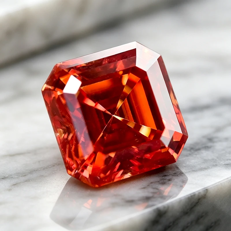 Moissanit-Stein in Granatfarbe, Asscher-Schliff, Edelstein für die Herstellung von hochwertigen Schmuckstücken wie Ringen und Ohrringen, mit Zertifikat. – Detail 3
