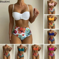 Women High Waist Bikinis Swimsuit Sexy Push Up Swimwear Girls Orange Biquinis Floral Printed Summer Beachwear Split Bra Panties