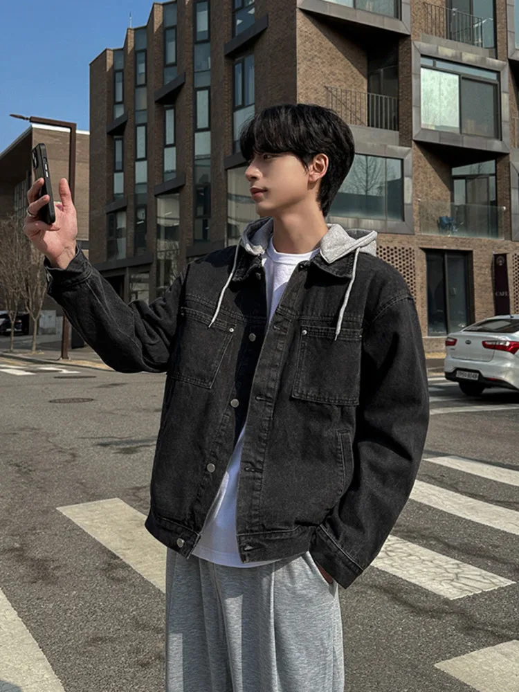 

2025 Autumn High Street Men's Fake Two Pieces Denim Jacket Hoodie Contract Color Single Breasted Vintage Jeans Jackets