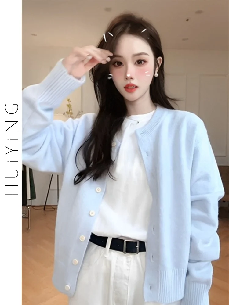 

Синий вязаный свитер-кардиган женский осенне-зимний, мягкий, уютный, с V-образным вырезом, длинными рукавами, свободного кроя, новинка весеннего сезона