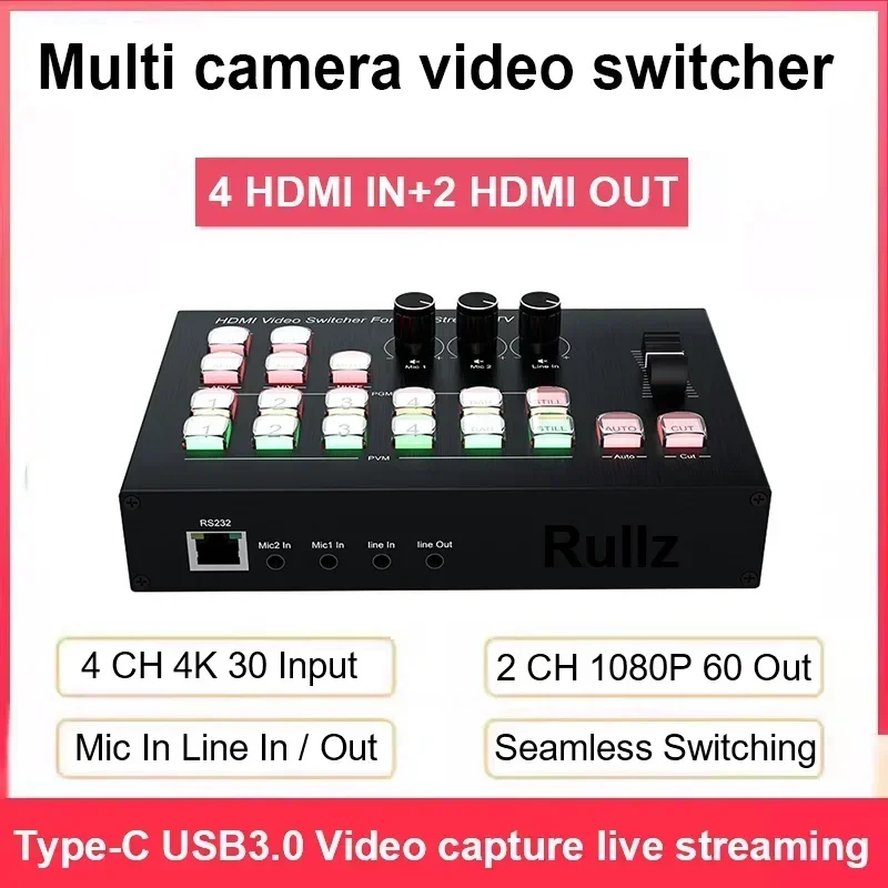 Conmutador de vídeo 4K, 4 canales, HDMI, múltiples cámaras, transmisión, producción en vivo, mezclador de vídeo, estación de transmisión, grabación tipo C