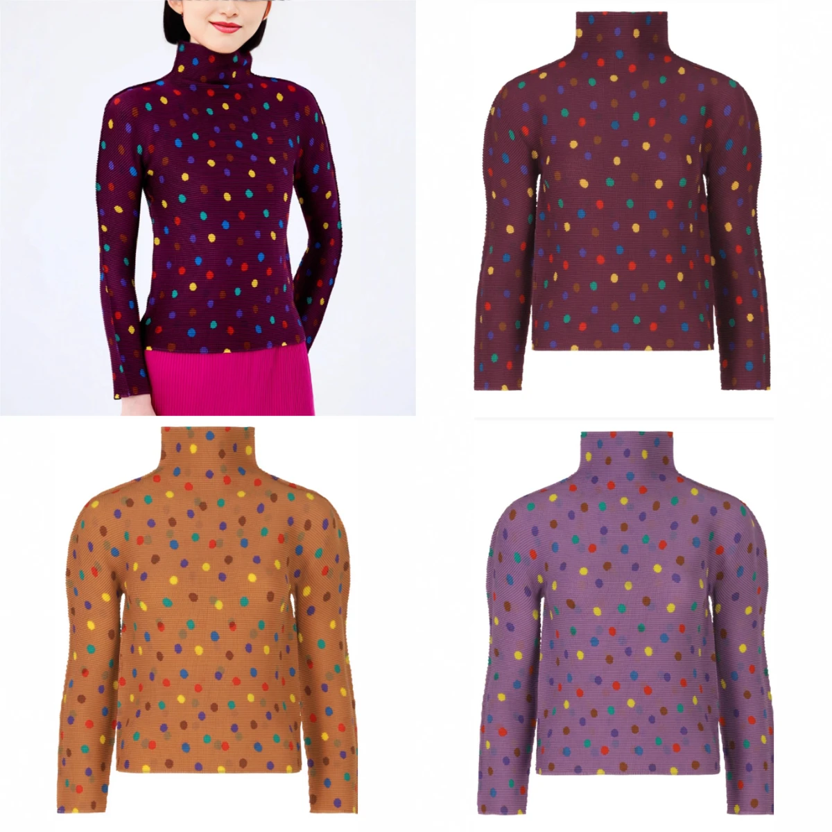 

Miyake Pleated Autumn New Base Shirt for Women, Slim Fit Small High Neck Fashionable Printed Long Sleeved T-shirt Top for Women