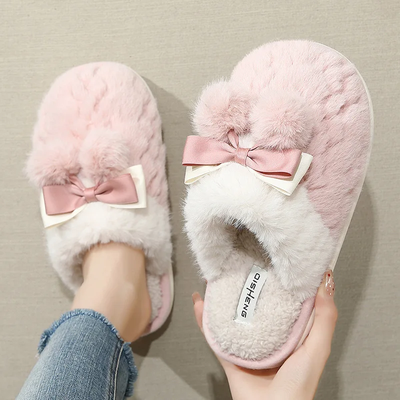Couple bow cotton slippers women's winter home household cute plush warm non-slip bedroom fluffy Thick Bottom slippers men