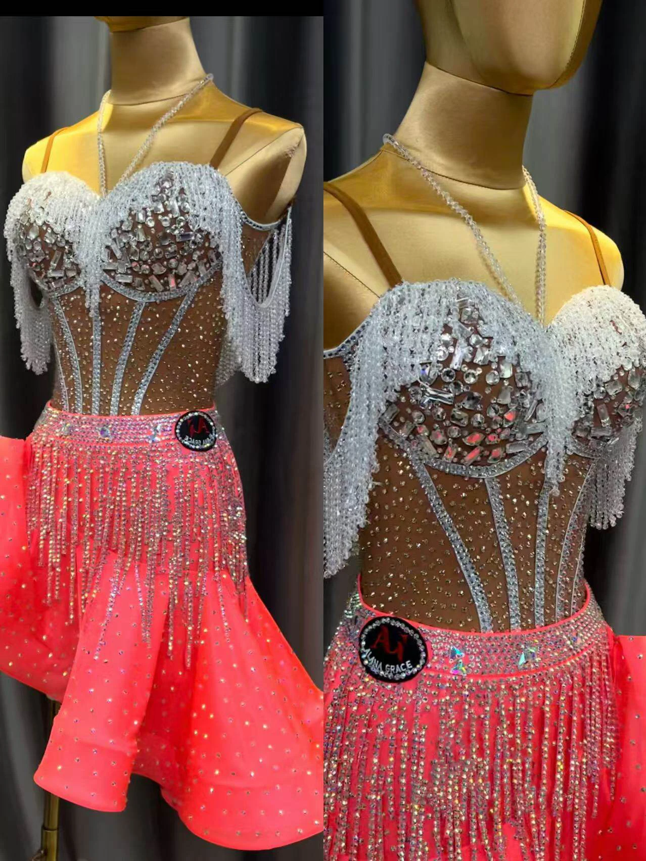 

Latin Dancer Adult Children High-End Customized Crystal Split Fishbone Skirt Tango Samba AB Stone Performance Dress