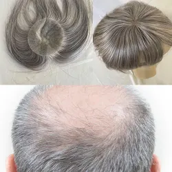 Grey Human Hair Pieces Thin Skin PU Bald Spot Hair Patches Toupee For Men 8 X 8 V-Looped Hair Piece#1B80 Replacement System