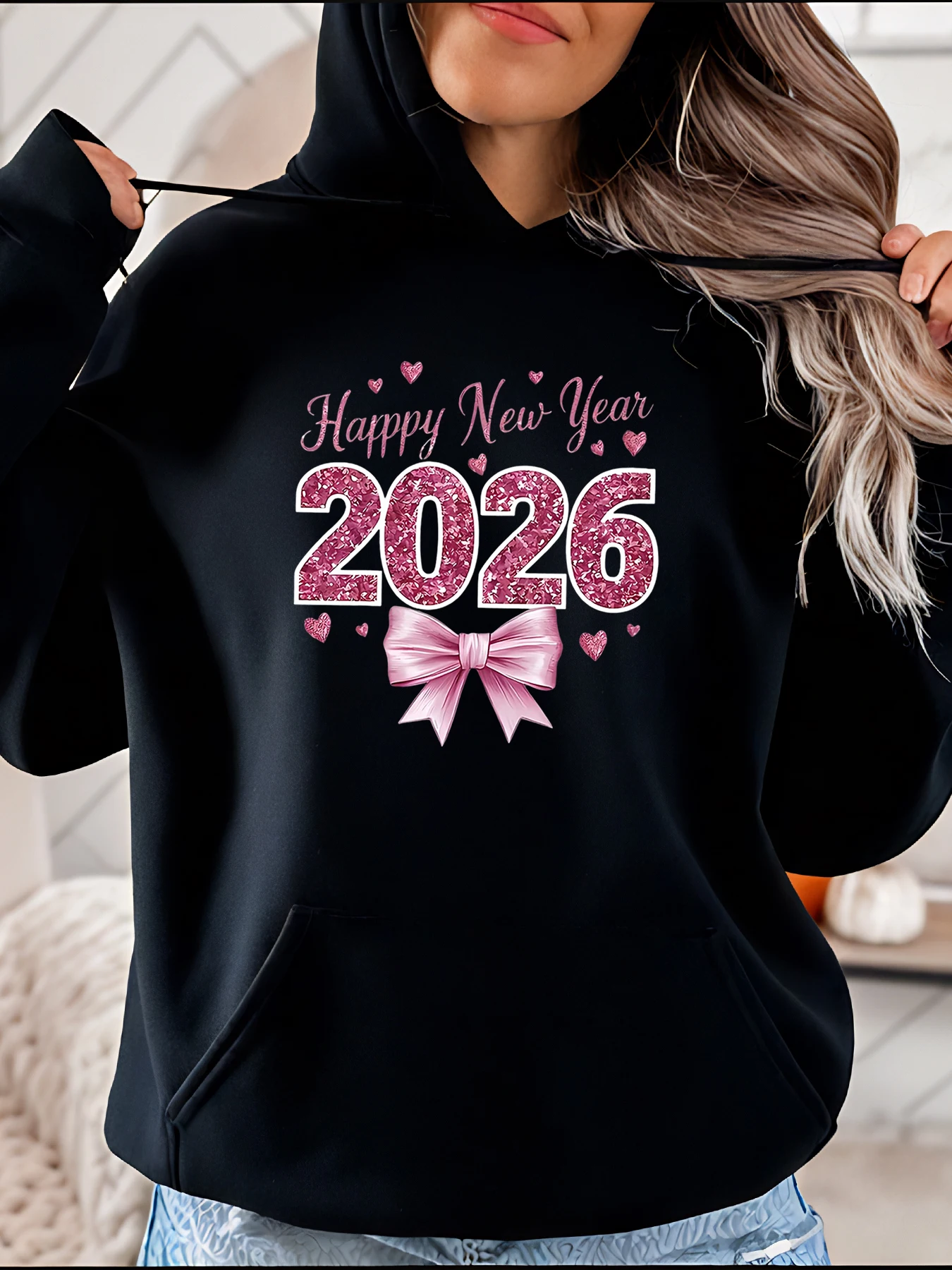 Feliz ano novo 2026 glitter rosa arco impressão moletom feminino casual moda camisola para roupas de inverno feminino