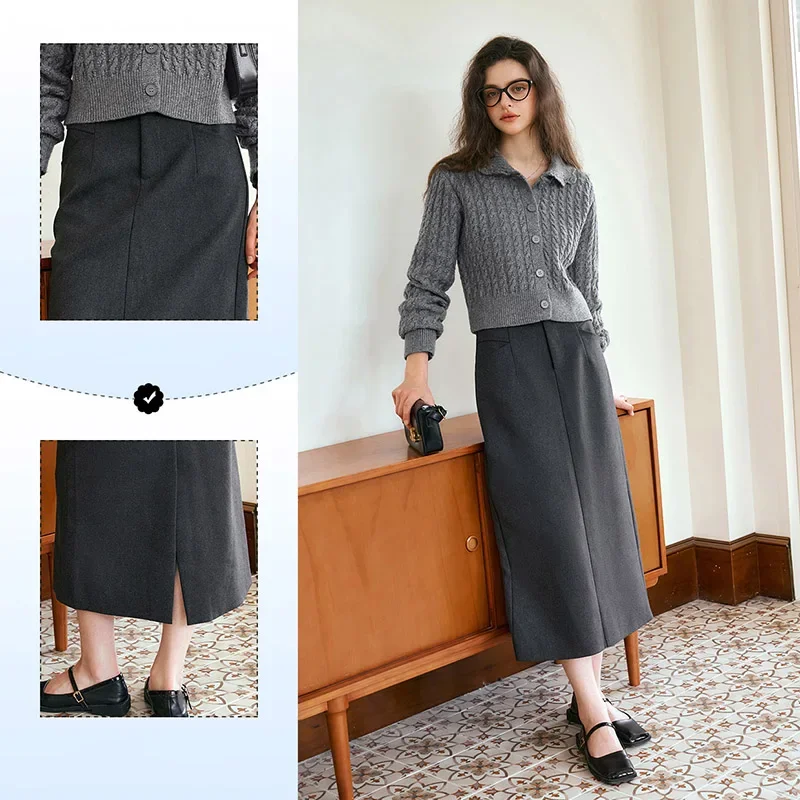 OLrain Office Grey Midi Skirts for Women 2025 Spring Office Lady Slit High Waist Loose Elegant Straight pencil Skirt M56QB88536