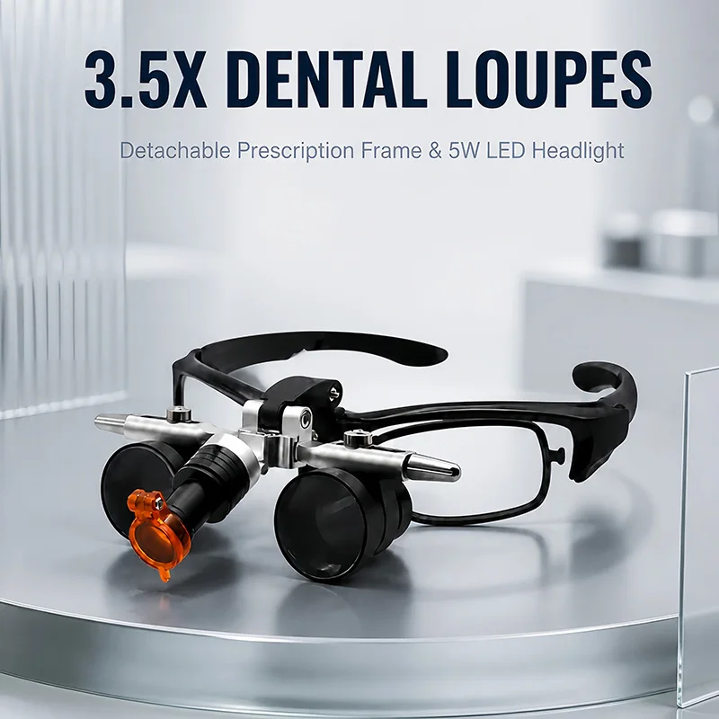 Dental Surgical Loupes 3.5X with Built-in Detachable Glasses Frame 5W Adjustable Optical Headlight 300-500mm Working Distance