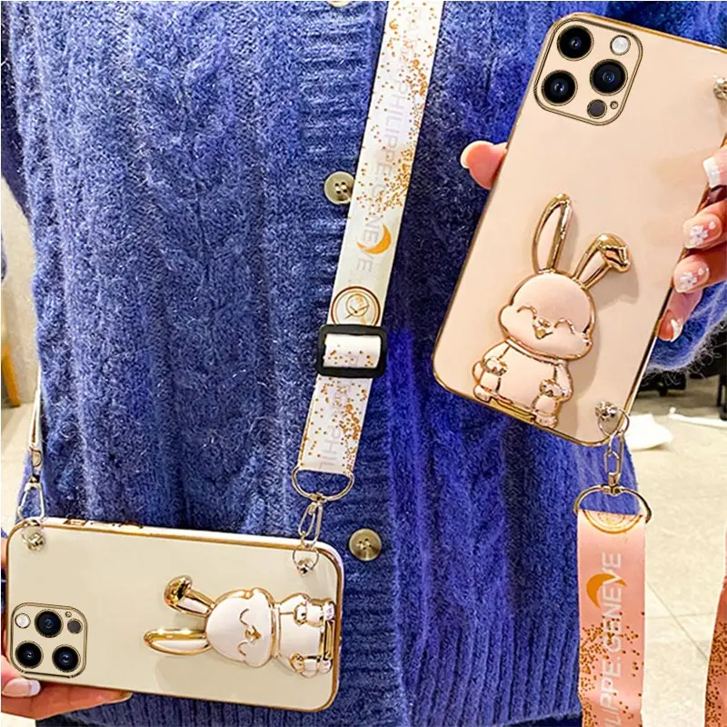 Rabbit Holder Lanyard Phone Case For iPhone 14 15 13 12 11 Pro Max 13Pro 12Pro X XR Xs Max 6 7 8 Plus 15Pro Stand Strap Cover