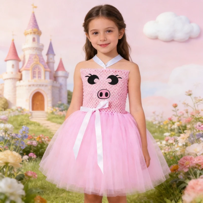 Baby Girls Pink Little Pig Costumes for Kids Animal Outfit Children Toddler Piglet Ballet Tutu Dress with Ears Bowtie Tail Nose