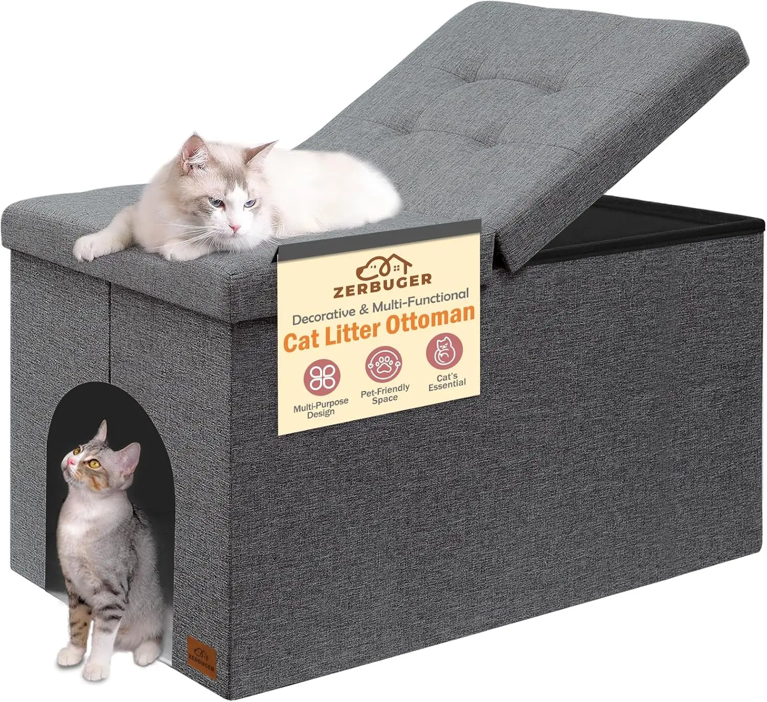 

Hidden Cat Litter Box Furniture with Odor Control, Large Grey Cabinet Bench Storage Ottoman