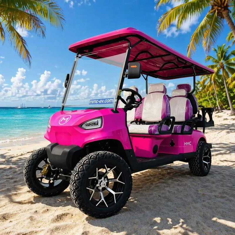 MMC Pink 6 Seater Electric Golf Cart Off Road LSV with LED Headlights All Terrain Tires for Beach Resort Hotel