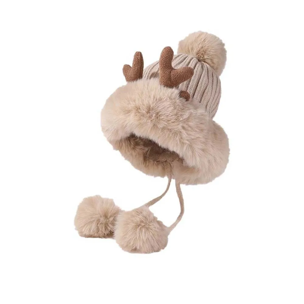 Winter Knit Bonnet Thickened Deer Antler Beanie Windproof Thermal Ear Protection Cap Soft Ribbed Warm Earflap Hat Teens