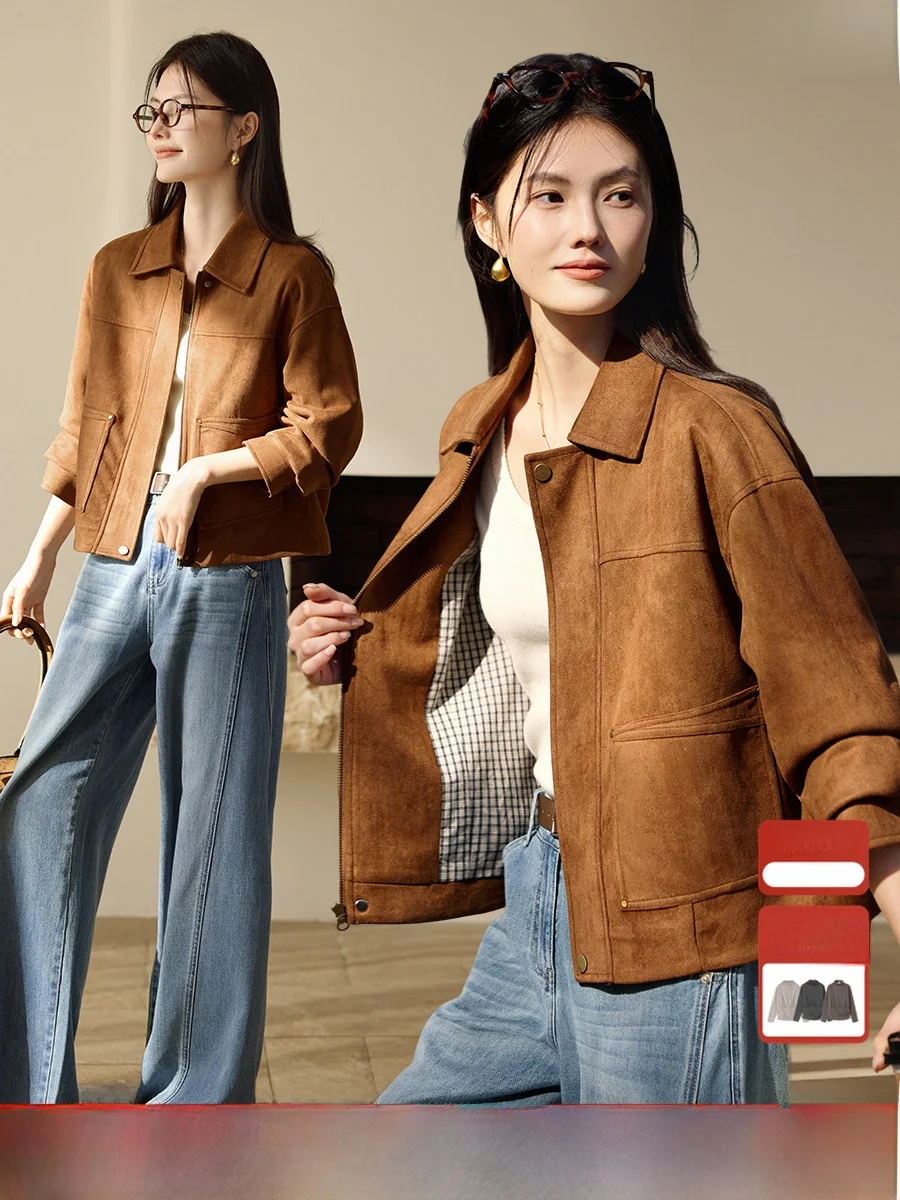 

XWI Vintage Plaid Suede ort Jaet Women's Spring 2026 Turn-down Collar Small Size Top Polyester Fiber Long Sve Button C...