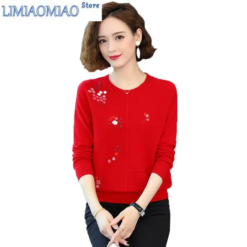 

Spring Autumn New Middle-Aged Mother Knit Top Embroidered Women's Base Shirt Female Round Neck Sweater Coats