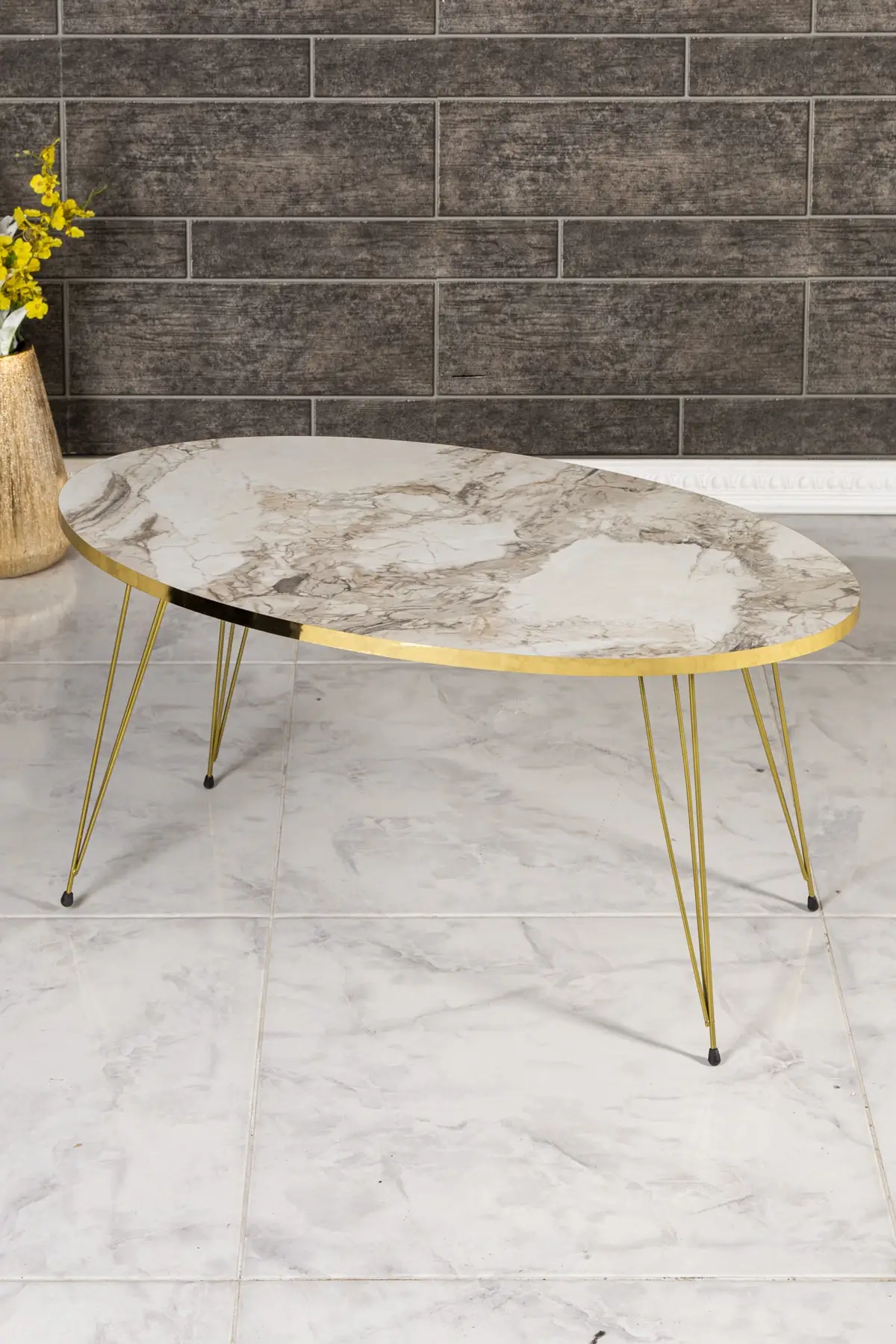 White Marble Patterned Gold Metal Flip Medium Coffee Table