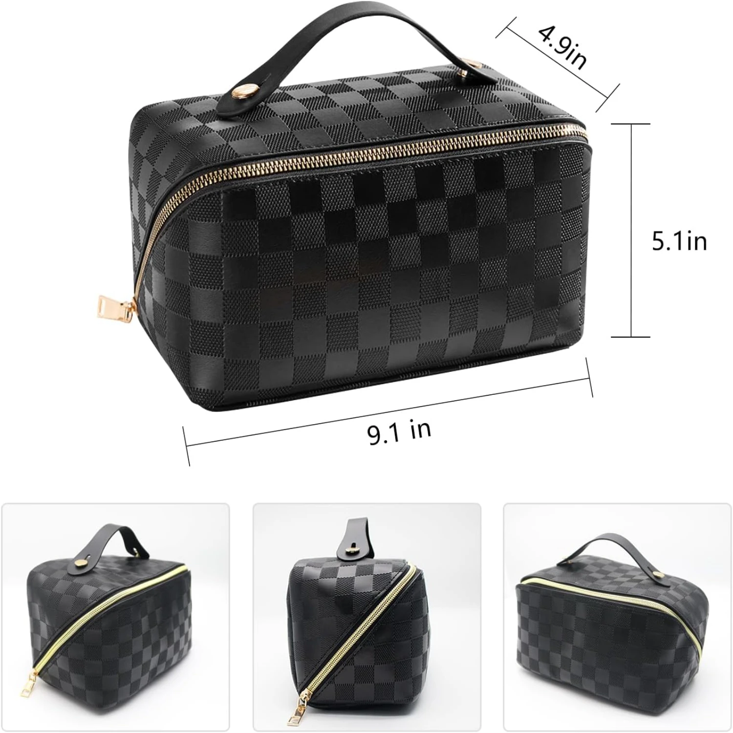 Elegant and Stylish Large Capacity Waterproof PU Leather Makeup Pouch - Convenient Handle and Wide-Open Top for Easy Organizatio