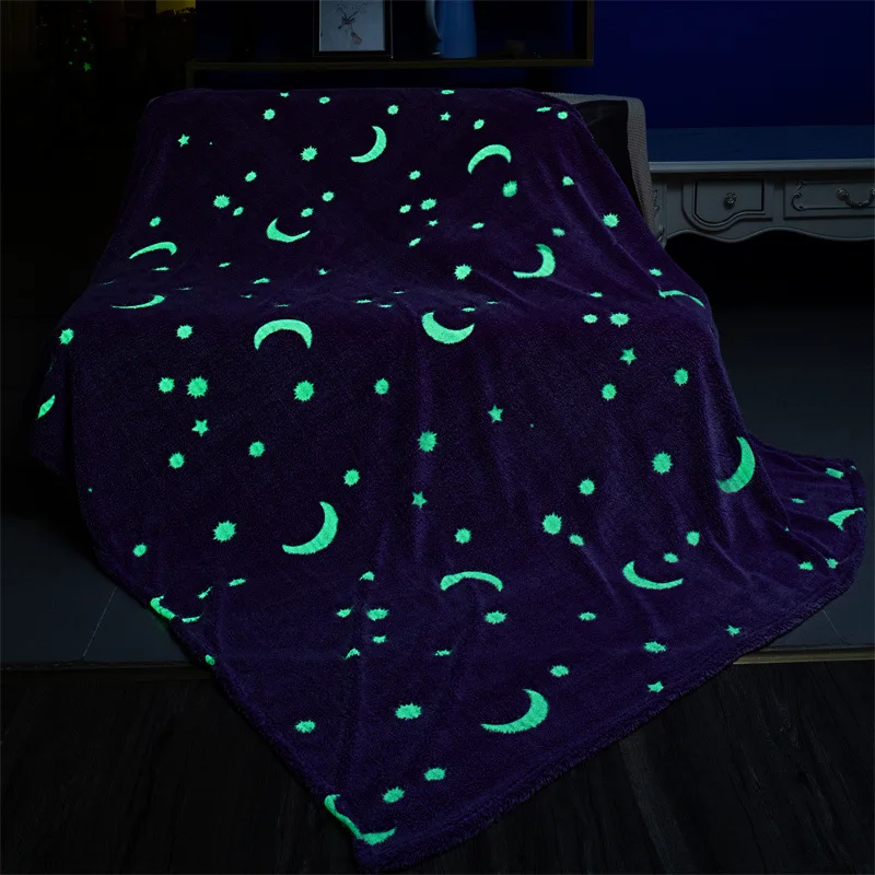 Luminous Fleece Blanket Purple Soft Star Moon Fluorescent Office Rest Blanket Creative Children Coral Fleece Blankets for Beds