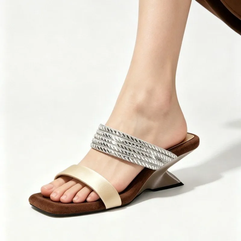 French Temperament Fashionable Special-shaped Heel High Heels Rhinestone Open Toe Summer Versatile One-word Sandals