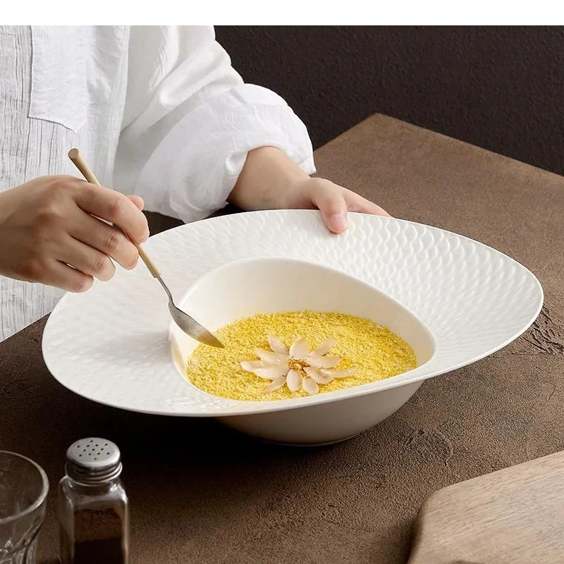 

Pure White Scaly Texture Ceramic Salad Plate Restaurant Thick Soup Dessert Molecular Cuisine Specialty Tableware