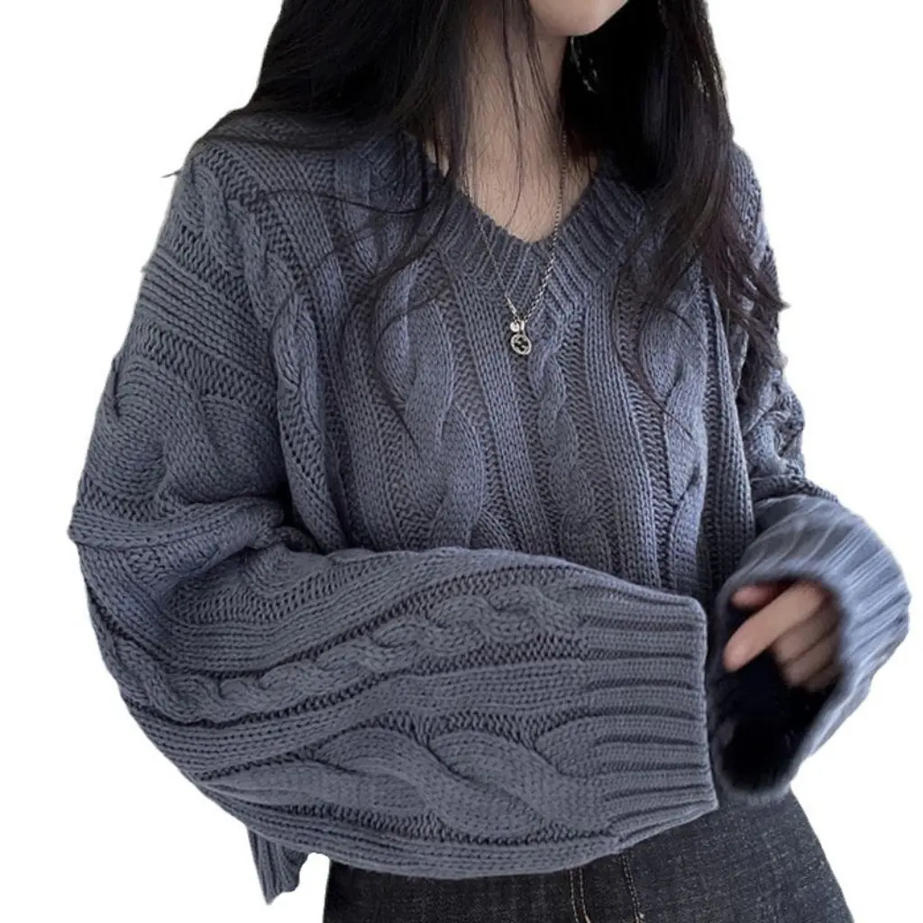 

Women's Vintage Twist Thick Needle Sweater Pullover Short Long Sleeve Black Free Size Apricot Blue Korean Fashion
