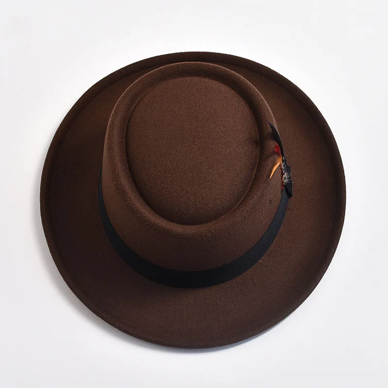 NEW Vintage Pork Pie Hat Mens Rolled Brim Felt Fedora Hat with Feather Gentleman Trilby Jazz Hats