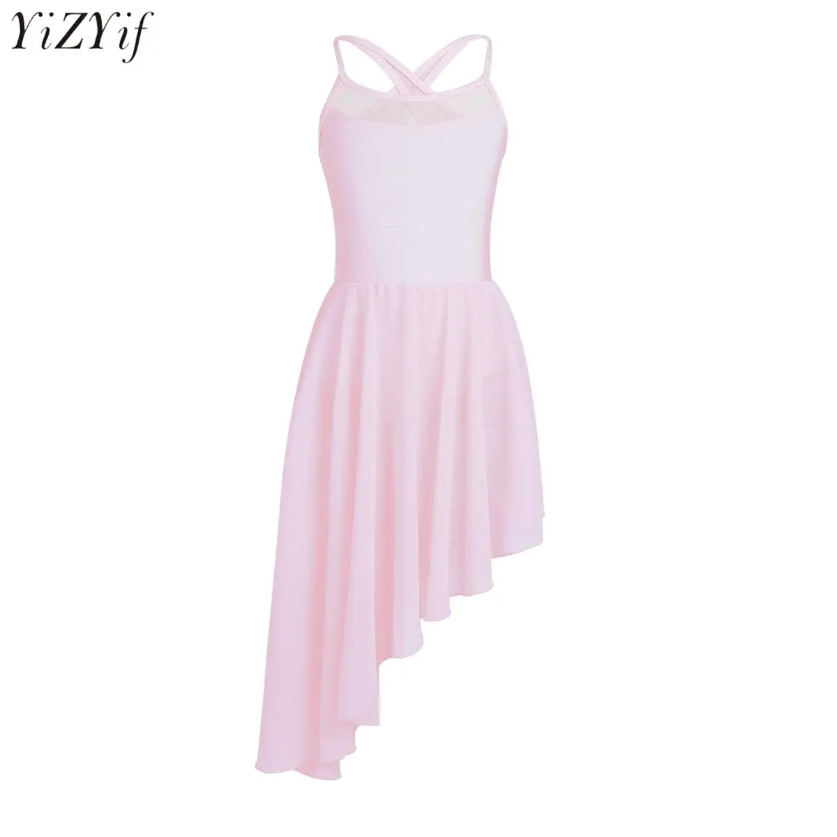 

Kids Girls Asymmetric Chiffon Ballet Dance Dress Gymnastics Leotard Sleeveless Mesh Splice Dress Lyrical Dance Costume Ballerina