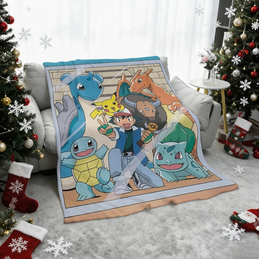 Pokemon Ash Pikachu Lapras Charizard Squirtle Bulbasaur Flannel Throw Blanket Soft Warm Cartoon Blanket for Sofa Bed Home Decor