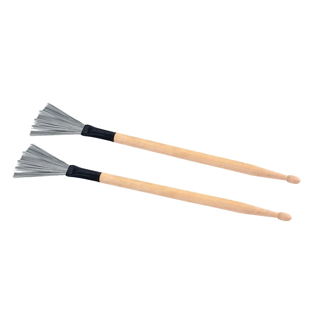 Novelty 2pcs Wood Drum Stick Mallet Short Drum Steel Wire Brush Percussion Instrument Accessory
