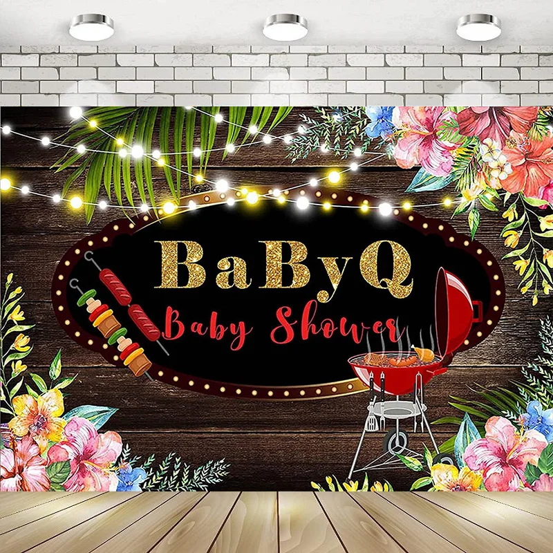 BBQ Photography Backdrop Tropical Barbecue Floral  Decor Banner Summer Rustic Lights Baby Shower Background Happy Birthday Party