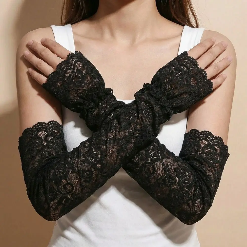Simple Elastic Lace Ice Silk Sleeves Thin Mesh Sunscreen Arm Sleeve Anti-UV Hollow Sun Protection Sleeve Women