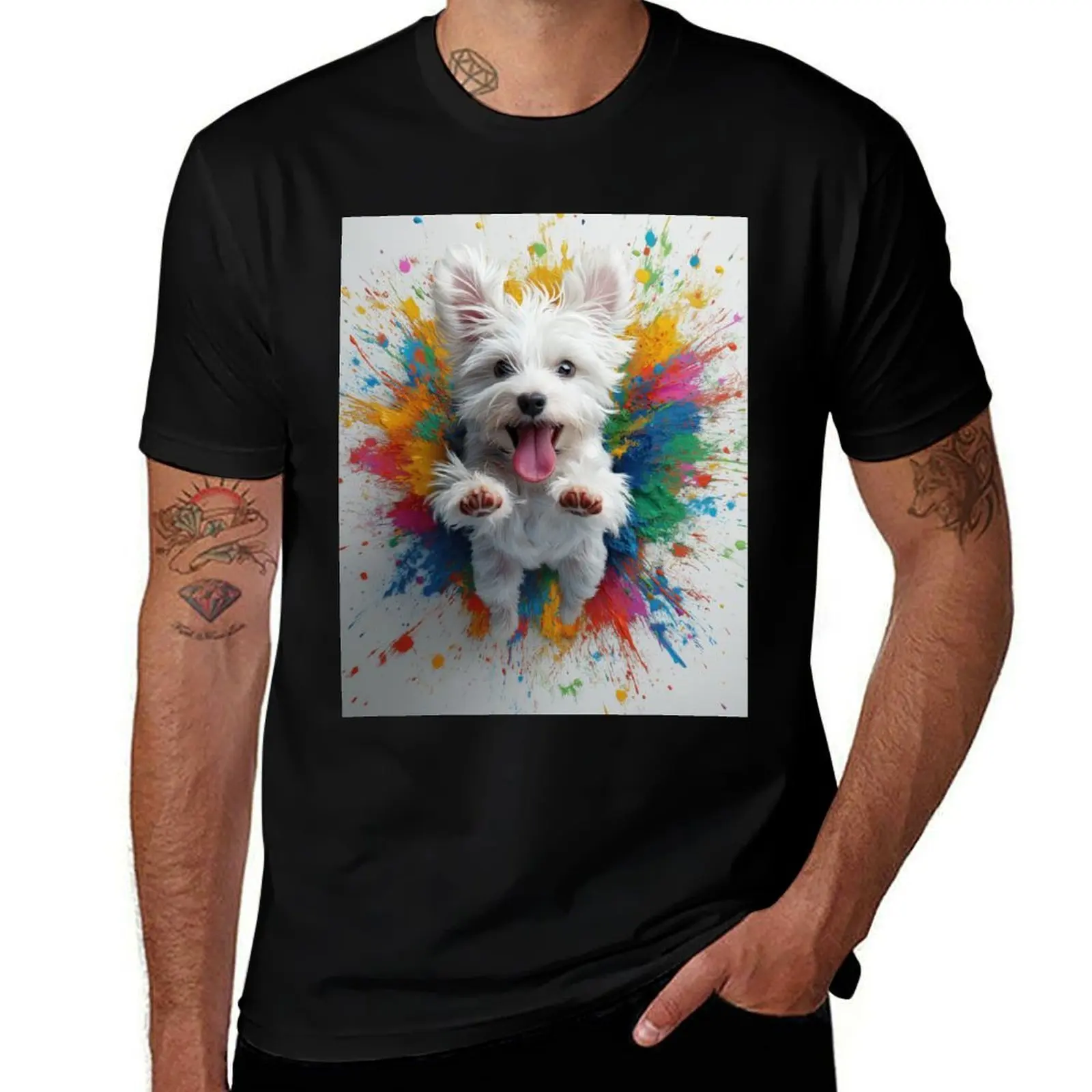 Puppy jumping between colors T-Shirt Fashion Casual Short Sleeve T-Shirt
