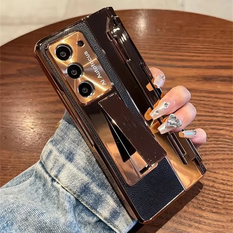 

Luxury PU Leather With Screen Protecto Film Case For Samsung Galaxy Z Fold 7 6 5 4 3 5G One-Piece Plating Stand Shockproof Cover