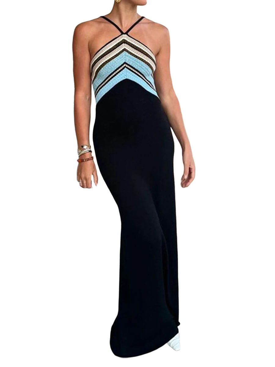 

Women Long Bodycon Dress Stripe Contrast Color Sleeveless Cocktail Cami Dress Summer Backless Party Dress