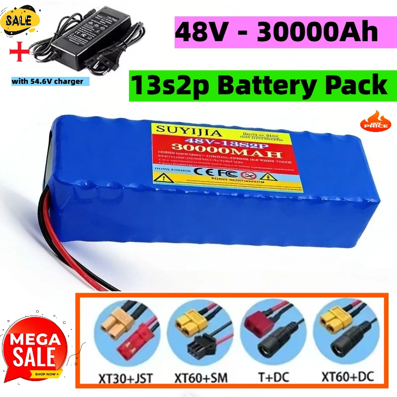 

13S2P 48V Battery with BMS 30AH Rechargeable Lithium-ion Battery Pack for Scooters, Electric Vehicles with 54.6V Charger
