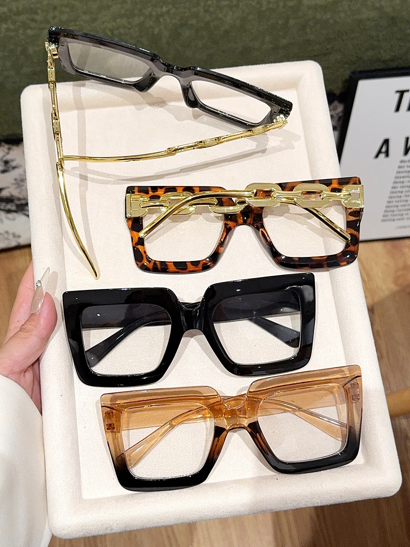 4-teilige Damen-Brille mit übergroßem quadratischem Rahmen, modische schwarze Brille, Schildpattbrille, modische Outfits, Weihnachtsgeschenk – Detail 3