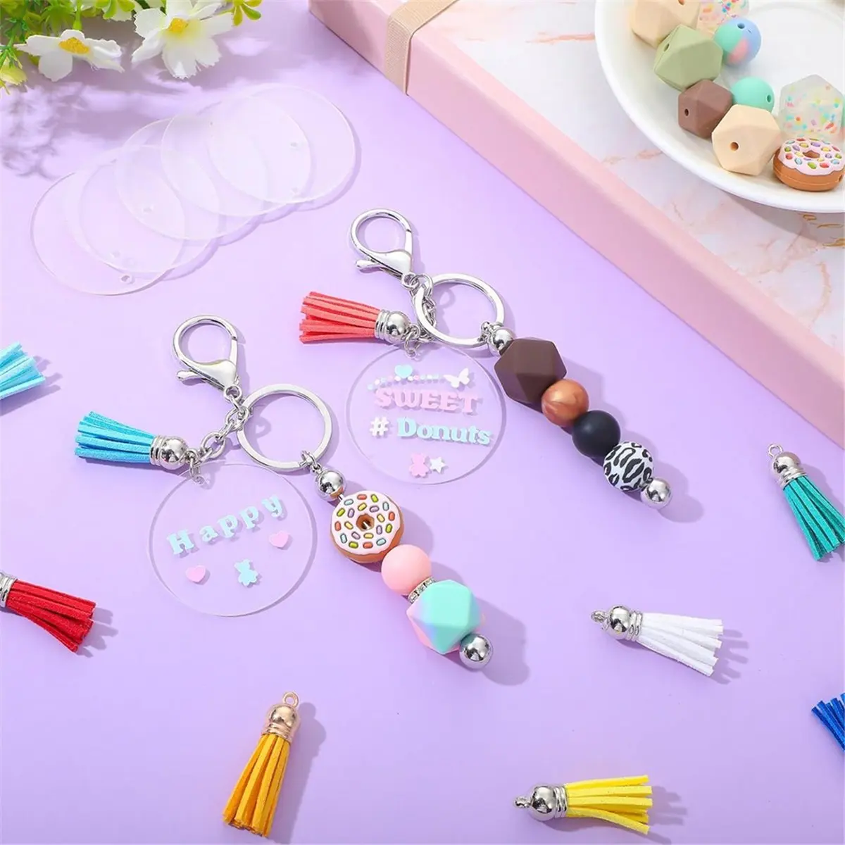 Y17A Keychain Making Kit - DIY Keyrings,10 Beadable Keychain Rods, 10 Tassels,10 Acrylic Blanks,Charm Keyring Making Kit